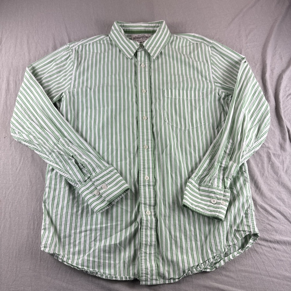 Aeropostale Shirt Mens M Green Striped Long Sleeve Button Up Preppy Y2K Casual